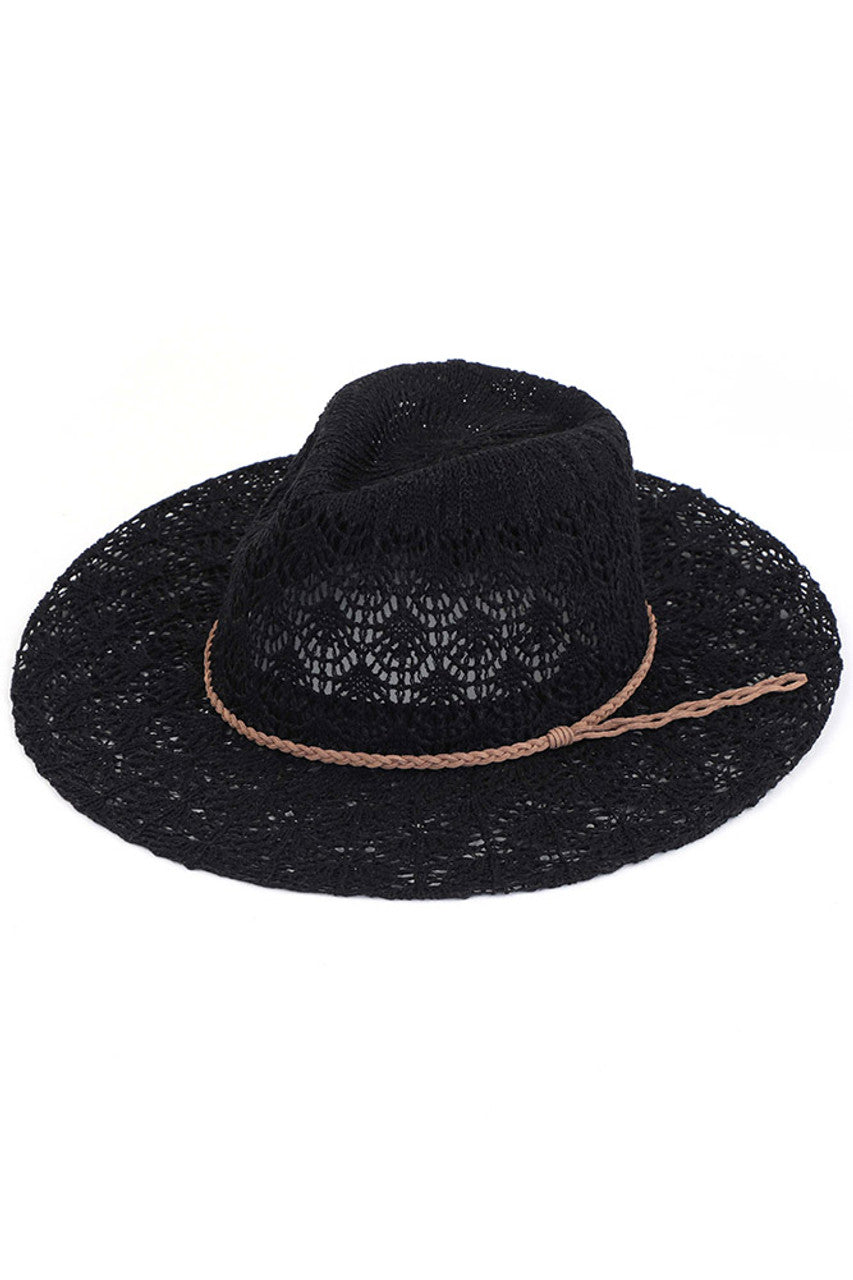 Black C.C. Horseshoe Lace Knitting Panama Hat is a must-have accessory for any fashion-forward individual. Its beautiful lace knit design adds a touch of elegance to any outfit, while the high-quality materials ensure durability and comfort. Stay stylish and protected from the sun with this iconic hat.