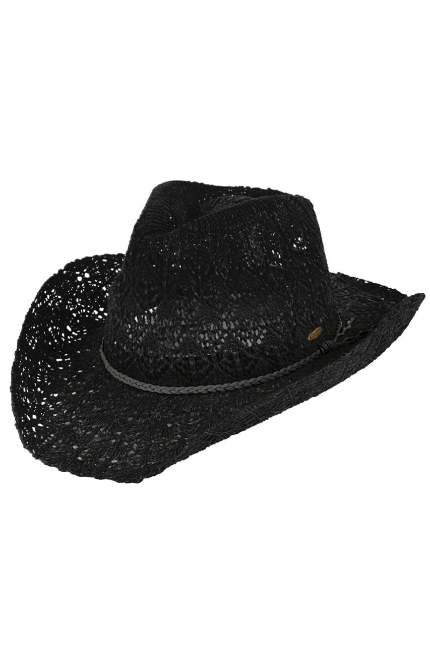 Black C.C. Horseshoe Lace Knitting Cowboy Hat is expertly crafted with intricate lace details and a classic western design. Made with high-quality materials, it offers both style and functionality, perfect for any outdoor adventure. Keep the sun out of your eyes while adding a touch of elegance to your outfit.