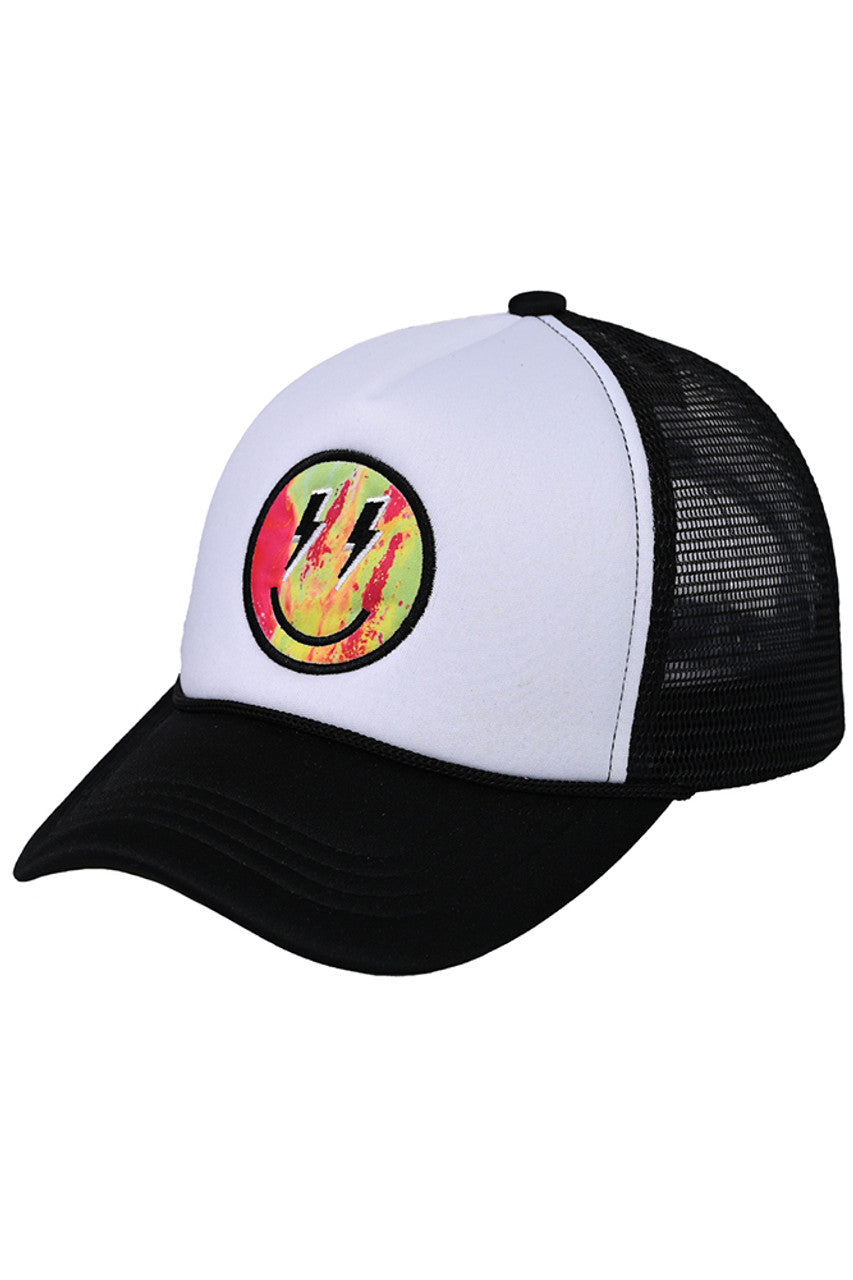 Black C.C Lightning Bolt Eyes Smiley Face Trucker Cap is a fun and stylish accessory for any outfit. With its unique lightning bolt eye design and breathable mesh back, you'll not only look great but also stay cool and comfortable. Perfect for adding a touch of personality to your everyday look.