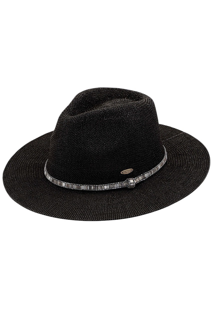 Black C.C MULTI-THREAD RHINESTONE TRIM BAND PANAMA HAT is a must-have accessory for any fashion-forward individual. Crafted with multi-threaded material and adorned with stunning rhinestone trim, this hat adds a touch of elegance to any outfit. With its versatile design, it's perfect for any occasion and provides excellent sun protection.