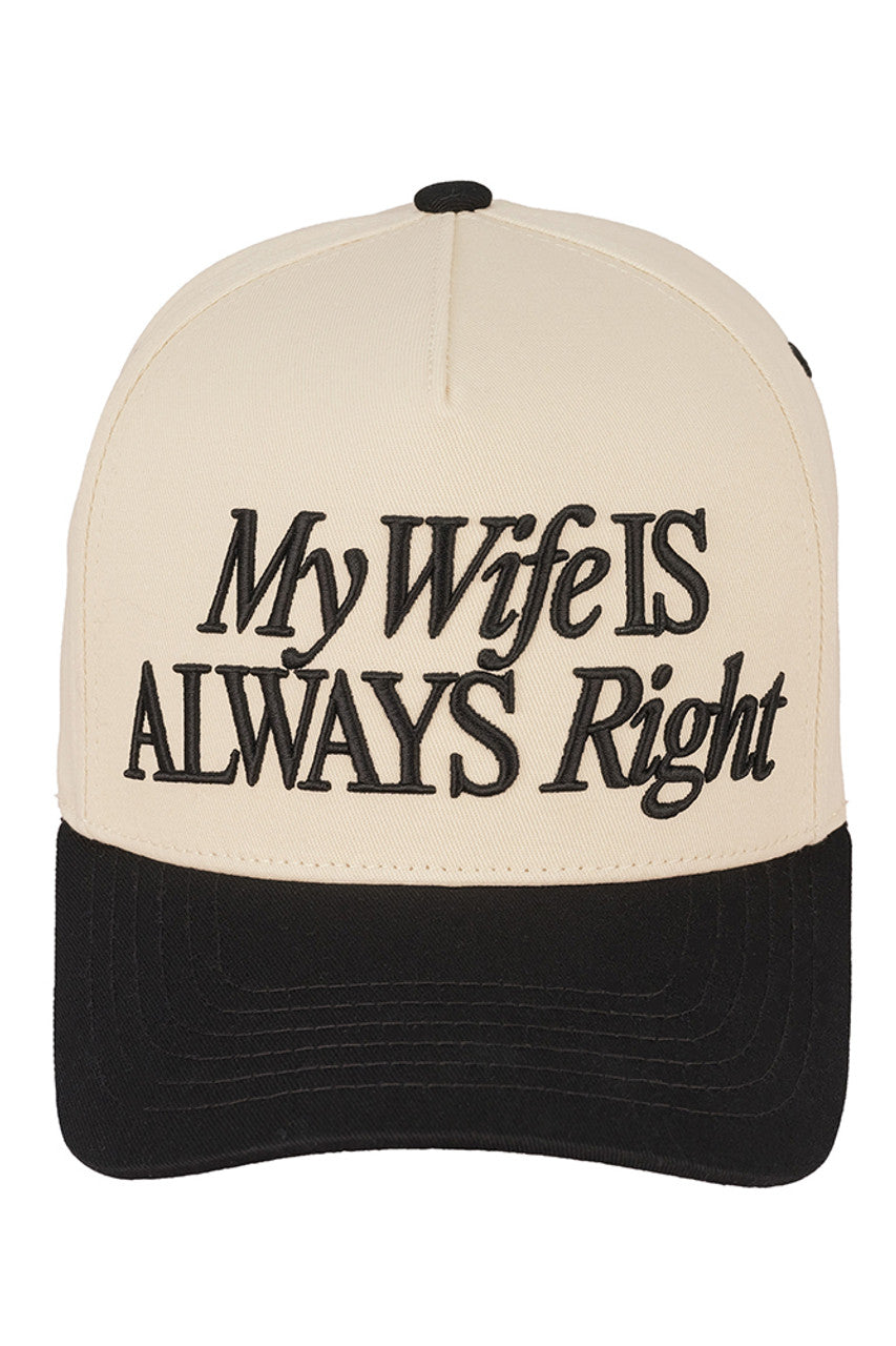 Black C.C MY WIFE IS ALWAYS RIGHT Two Tone Trucker Cap combines casual style with a playful message. Featuring a classic two-tone design and breathable mesh back, this cap offers comfort and ventilation for everyday wear. Its adjustable snapback ensures a secure fit, making it ideal for outdoor activities or casual outings. Perfect for those who appreciate humor and quality in their headwear.