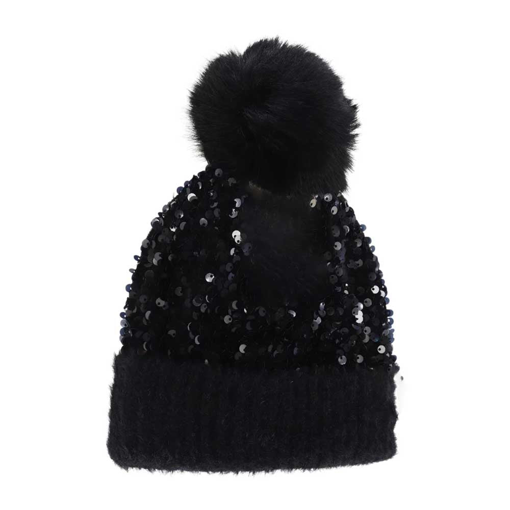 Black KIDS Cluster Sequin Faux Fur Pom C.C Beanie combines playful sparkle with cozy warmth, making it an ideal accessory for children. Featuring a stylish cluster of sequins and a soft faux fur pom-pom, this beanie offers both charm and comfort. Crafted to provide excellent insulation, it keeps little heads snug during colder days while adding a trendy touch to any outfit.