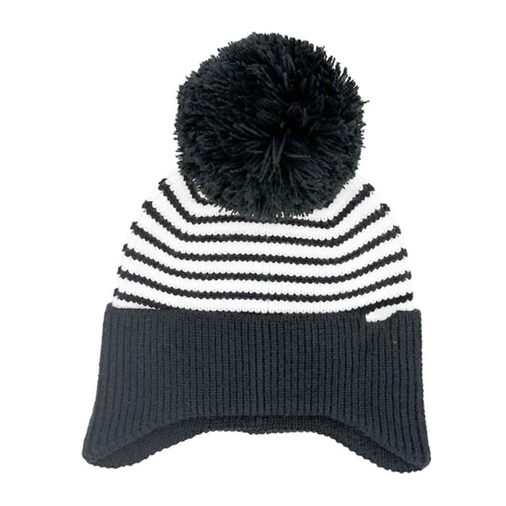 Black Kids Stripe Earflap Yarn C.C Pom Beanie is expertly designed to provide superior warmth and comfort for children. Featuring earflaps for added protection against cold winds and a soft pom-pom accent, this beanie is crafted from high-quality yarn to ensure durability and insulation. Its vibrant striped pattern offers a stylish, playful look while maintaining practical functionality for outdoor winter activities.