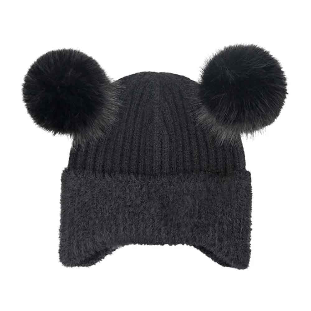 Black Kids Faux Fur Earflap Double Pom C.C Beanie combines warmth and playful design, featuring soft faux fur earflaps for added protection against cold and two double pom-poms for a charming look. Crafted from durable materials, this beanie ensures comfort and reliable insulation, making it an excellent choice for keeping children cozy during winter activities.