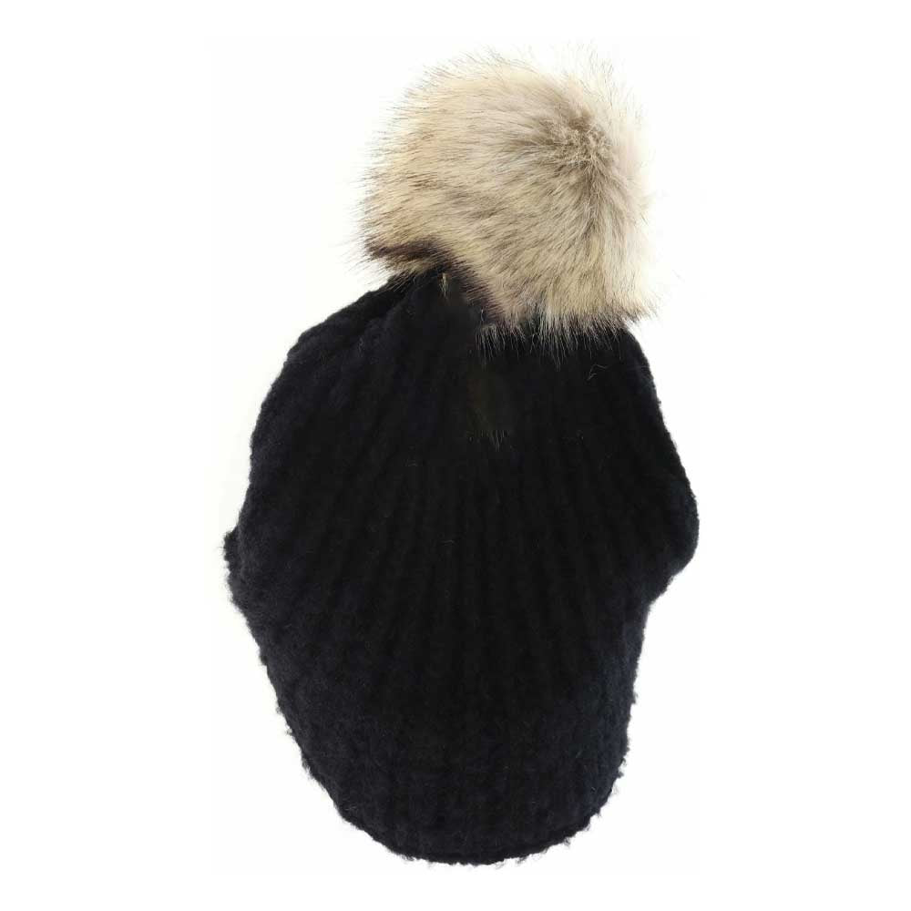 Black C.C Cable Knitted Brim Beanie Natural Faux Fur Pom Pom Warm Winter Hat; reach for this classic toasty hat to keep you nice and warm in the chilly winter weather, the wintry touch finish to your outfit. Perfect Gift Birthday, Christmas, Holiday, Anniversary, Stocking Stuffer, Secret Santa, Valentines Day, Loved One, BFF