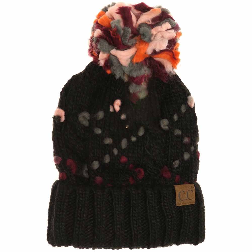 Black-Multi- C.C Knitted Lining Beanie With Chunky Jumbo Yarn Pom Warm Winter Hat; reach for this classic toasty hat to keep you nice n warm in the chilly winter weather, the wintry touch finish to your outfit. Perfect Gift Birthday, Christmas, Holiday, Anniversary, Stocking Stuffer, Secret Santa, Valentine's Day, Loved One, BFF