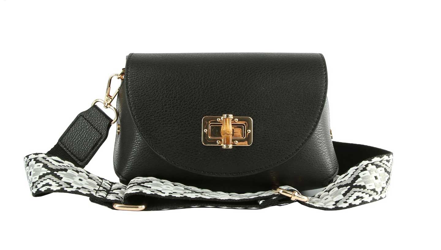 Black PU Leather Guitar Strap Bamboo Twist Lock Flap Crossbody Bag, This gorgeous crossbody bag is going to be your absolute favorite new purchase! It features with adjustable and detachable handle strap, upper Flap with pocket. Ideal for keeping your money, bank cards, lipstick, coins, and other small essentials in one place. It's versatile enough to carry with different outfits throughout the week. It's perfectly lightweight to carry around all day with all handy items altogether.