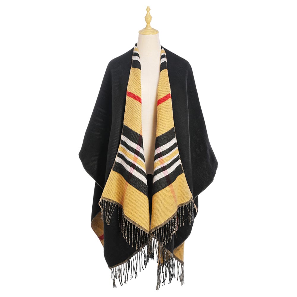Black Plaid Check Patterned Tassel Poncho, With the latest trend in ladies' outfit cover-up! the high-quality knit poncho is soft, comfortable, and warm but lightweight. It's perfect for your daily, casual, party, evening, vacation, and other special events outfits. A fantastic gift for your friends or family.