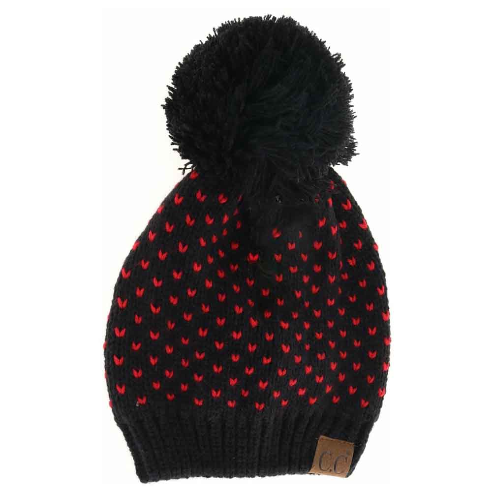 Black red C.C Heart Pattern Knit Pom Beanie Hat, before running out the door into the cool air, you’ll want to reach for this toasty beanie to keep you incredibly warm. Awesome winter gift accessory! Perfect Gift Birthday, Christmas, Stocking Stuffer, Secret Santa, Holiday, Anniversary, Valentine's Day, Loved One.