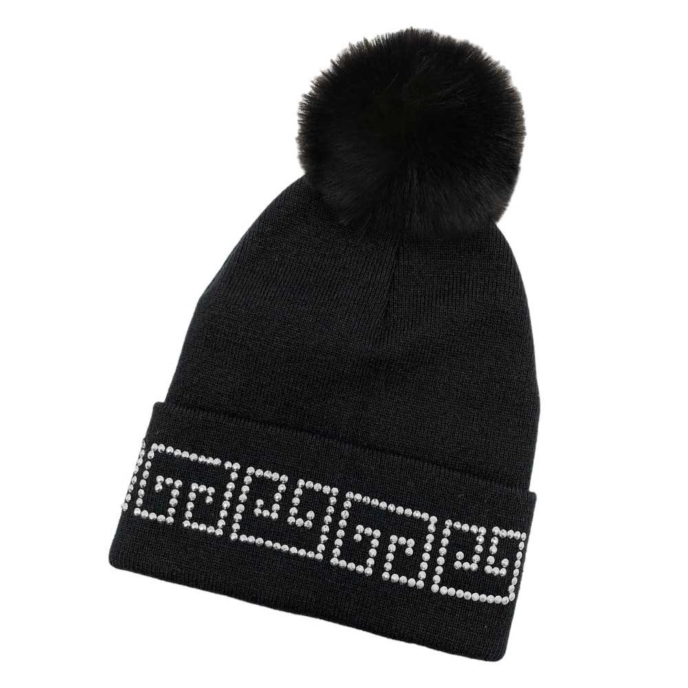 Black Gold Bling Greek Pattern Pom Pom Beanie Hat, this beanie hat is designed with a unique "bling" Greek pattern and is crafted from a soft material for a comfortable fit. The pom pom embellishment adds extra flair for a fashionable and fun look. Perfect winter gift idea for fashion-forwarded loved ones.