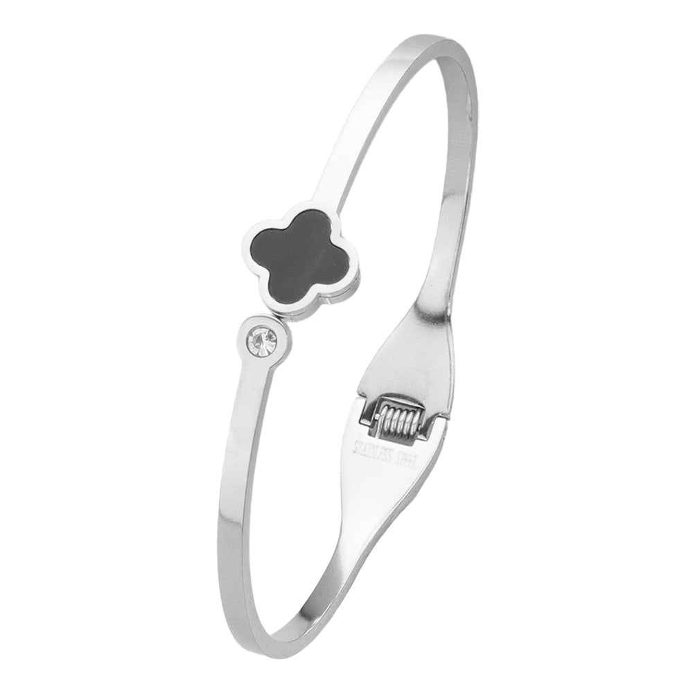 Black Quatrefoil Pointed Stainless Steel Hinged Bangle Bracelet is a stylish and durable accessory for everyday wear. Made of high-quality stainless steel, it features an intricate quatrefoil design and a hinged closure for a secure fit. Upgrade your look with this versatile and timeless piece.
