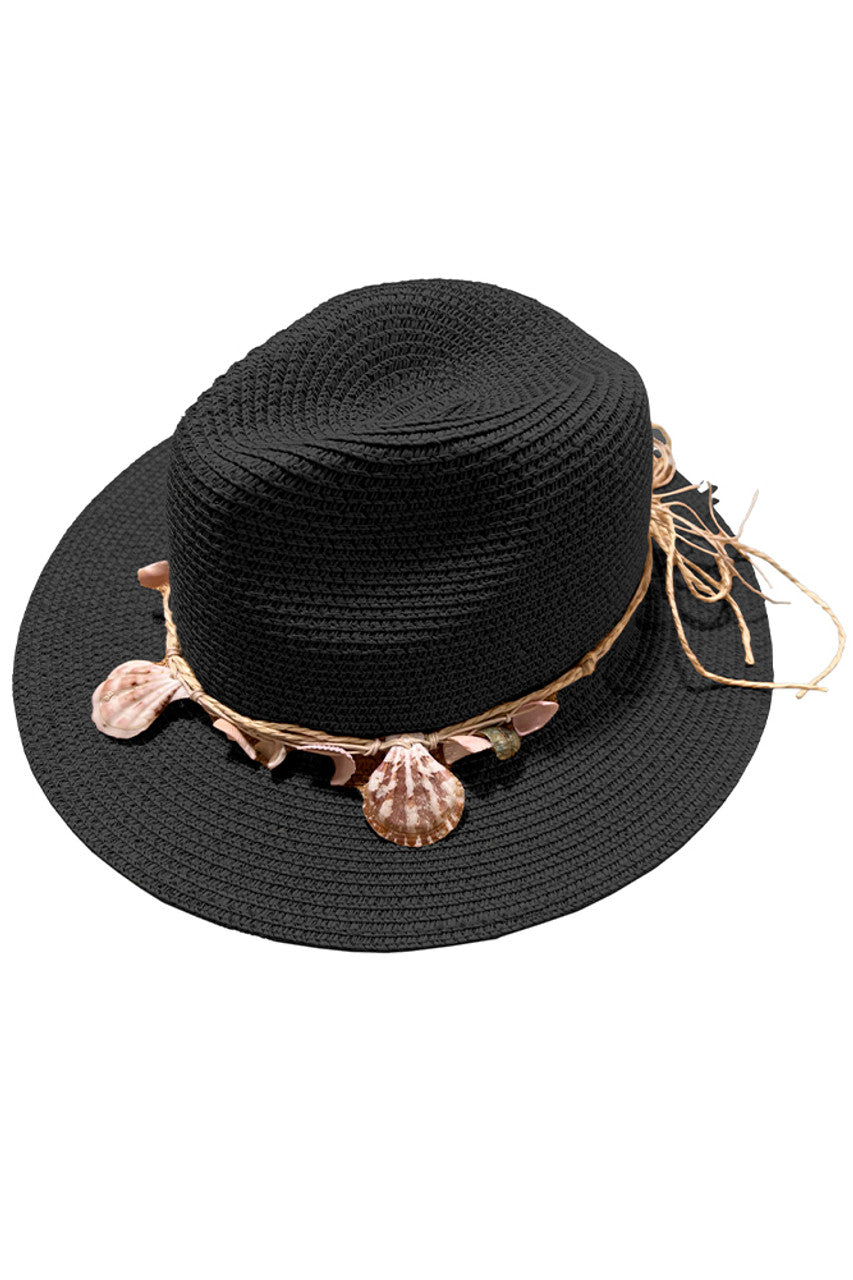 Black String with Sea Shell Trim Panama Hat features a meticulous string trim embellished with carefully selected seashells. The traditional weaving technique ensures superior ventilation while maintaining structural resilience against humidity. The precisely angled brim provides calculated sun protection, while the natural materials create a harmonious balance between authentic craftsmanship and refined coastal elegance—ideal for the discerning wearer.