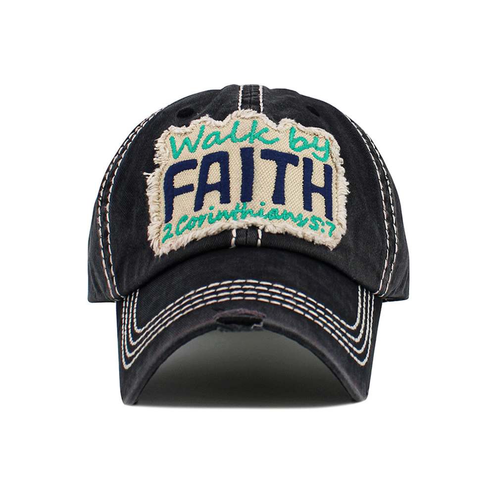 Make a statement with the WALK BY FAITH Washed Vintage Baseball Cap, featuring a timeless distressed look and meaningful message. Soft, broken-in feel with an adjustable fit for everyday wear.