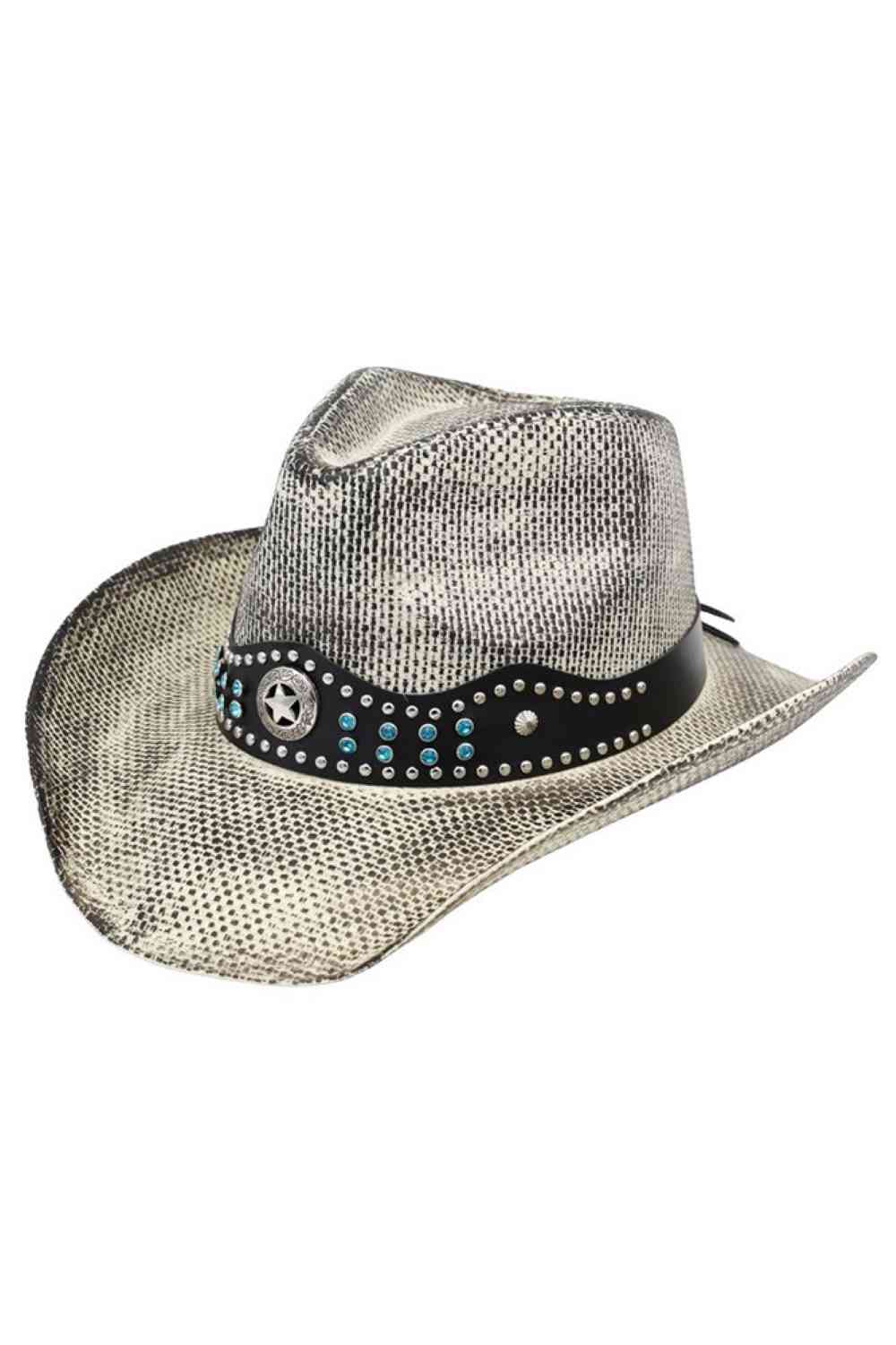 Black Embrace Western style with this rustic straw cowboy hat, featuring a faux leather band adorned with beads and studs for authentic cowgirl charm. Crafted from 100% paper material, it's lightweight and breathable perfect for outdoor adventures, festivals, or everyday wear. The silver accents add a touch of sparkle to your look. Made in China.