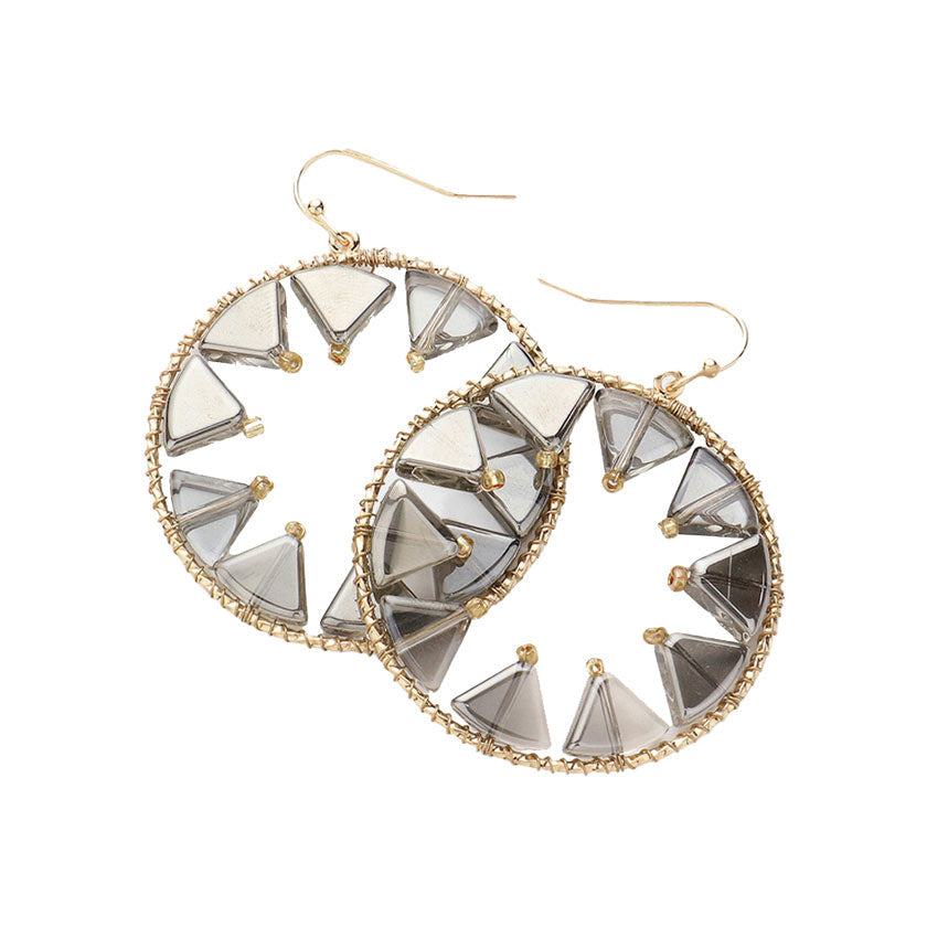 Black Diamond-Triangle Beads Embellished Open Circle Dangle Earrings, Perfect statement piece for any outfit. Made with high-quality materials and intricate design, they offer a unique and elegant touch to your look. The open circle dangle adds movement and style, while the triangle beads bring a touch of glamour.