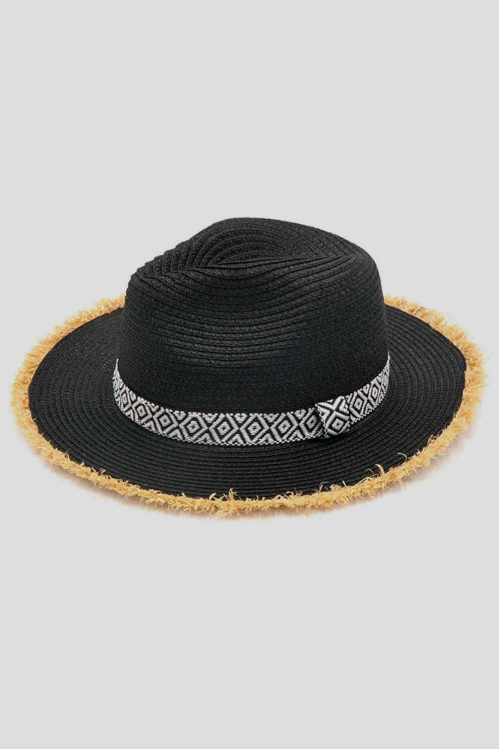 Black Stay cool and protected with this charming Frayed Trim Aztec Summer Straw Sun Hat. Woven from 100% paper, this lightweight hat offers breathable comfort perfect for beach days, outdoor festivals, and warm-weather adventures. Whether you're lounging poolside or exploring sun-soaked destinations, this versatile hat delivers both style and practical sun protection in one effortless package.