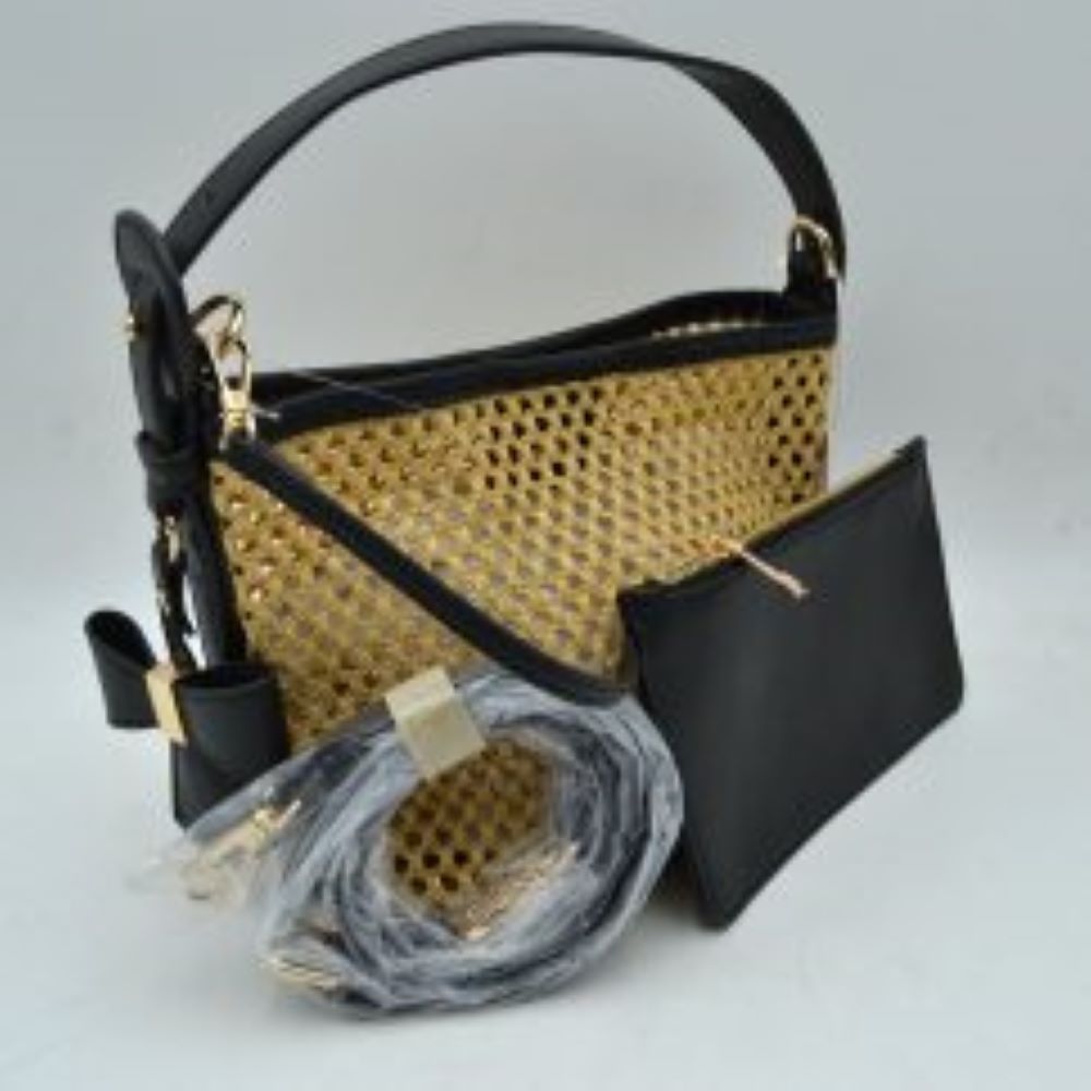Black This structural shoulder bag showcases an intricate open-weave pattern across its main body, providing a highly textured look for everyday use. It features a wide, structured top handle along with a detachable, adjustable shoulder strap that connects via metallic swivel clasps for versatile carrying options. A decorative bow accent adds a polished detail to the side panel, while an accompanying smooth