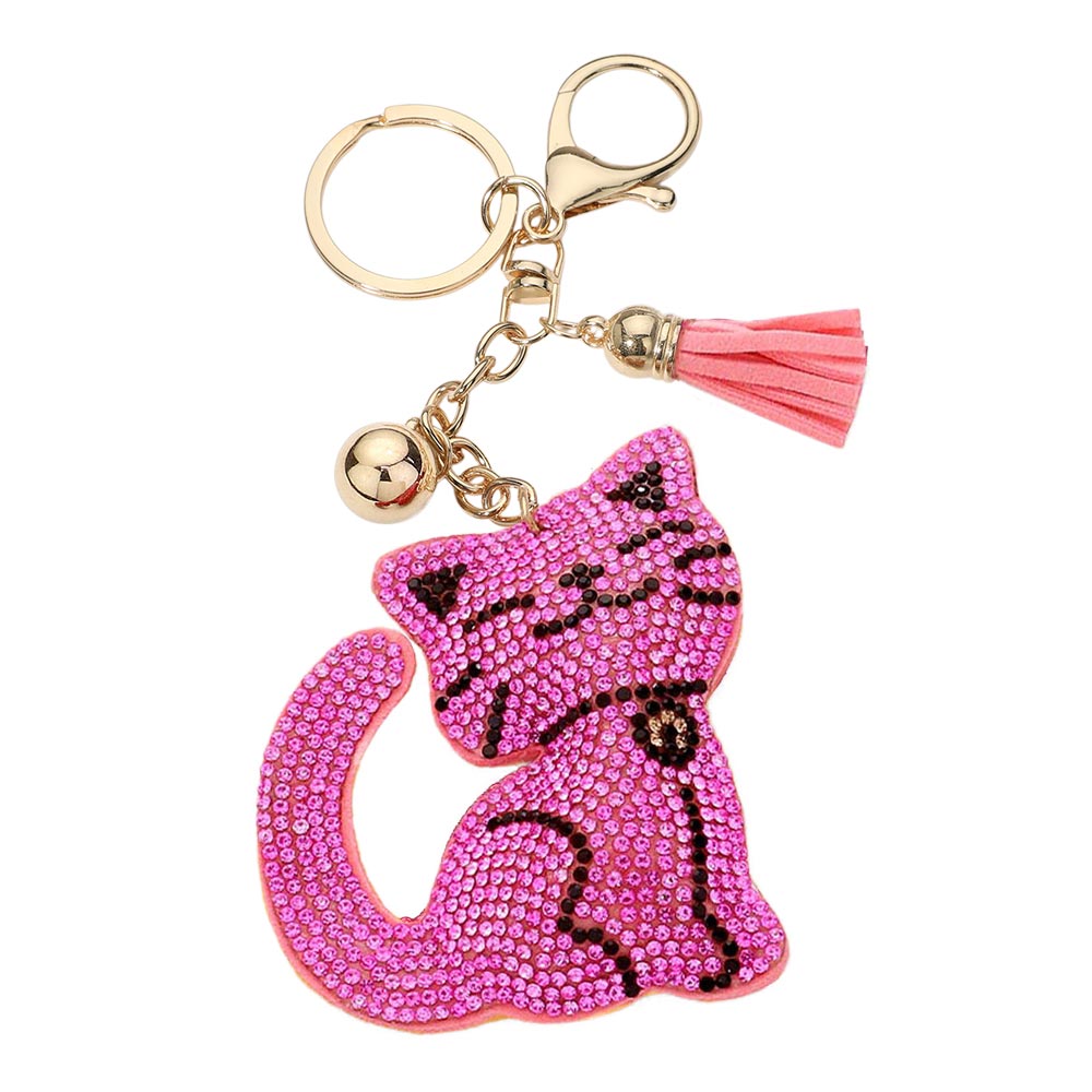 Bling Cat Tassel Bag Charm - Pink Rhodium - Keychains