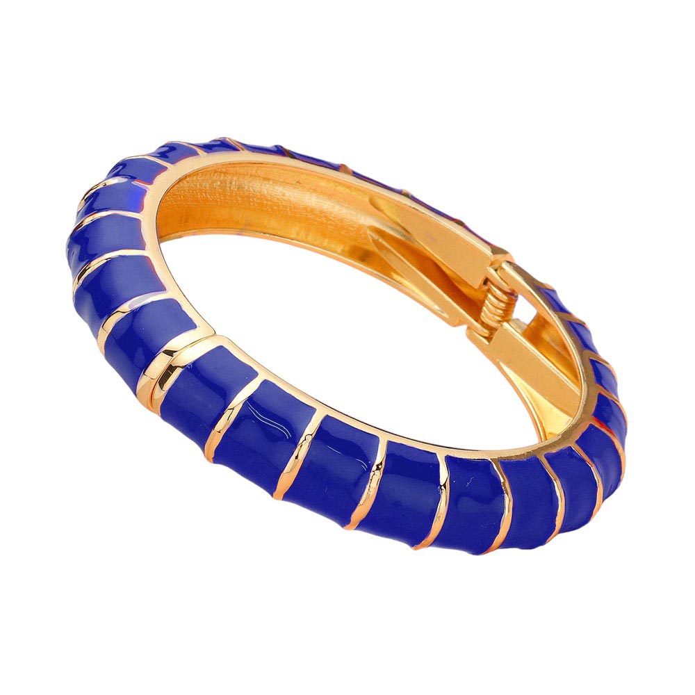 Blue Enamel Bamboo Hinged Bangle Bracelet, Discover the beauty and elegance of our bracelets that combine the durability of bamboo with the vibrant pop of enamel. Made for everyday wear, the bangle is both stylish and practical, with a hinged design for easy on and off. Add a touch of sophistication to your wardrobe.