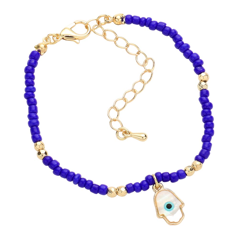 Blue Evil Eye Centered Hamsa Hand Charm Seed Beaded Bracelet, these evil eye-centered hamsa hand charm seed beaded bracelets are easy to put on, and take off and so comfortable for daily wear. Awesome gift for birthdays, Valentine’s Day, or any meaningful occasion.