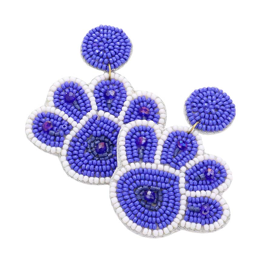 Blue Felt Back Seed Beaded Paw Dangle Earrings, Seed Beaded paw dangle earrings are fun handcrafted jewelry that fits your lifestyle, adding a pop of pretty color. Enhance your attire with these vibrant artisanal earrings to show off your fun trendsetting style. Great gift idea for your Wife, Mom, or your Loving One.