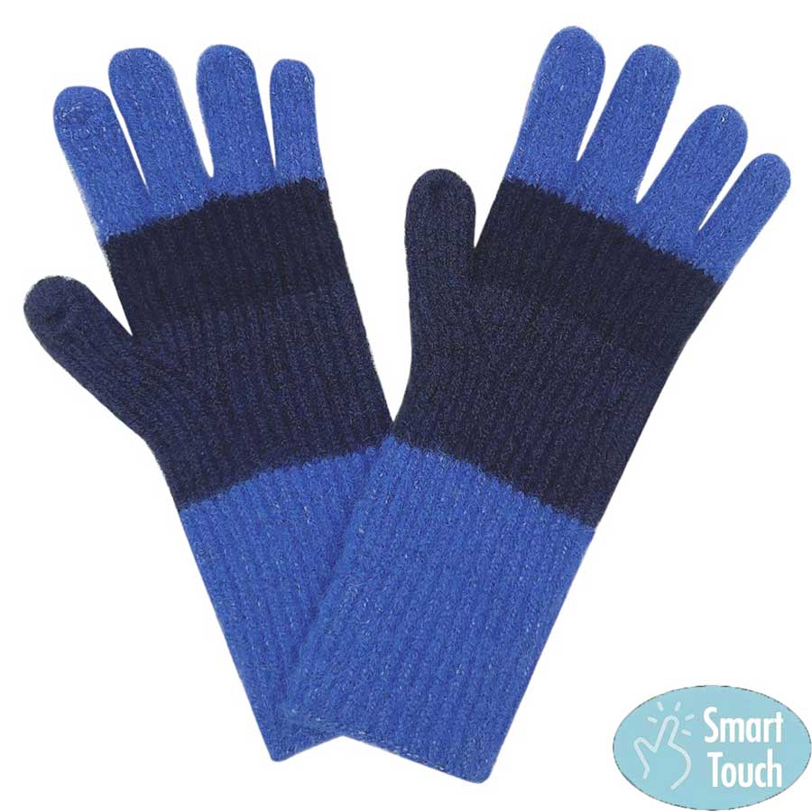 Blue Fuzzy Contrast Stripe Long Smart Touch Gloves, Keep your hands warm and comfortable with these. Made with premium fabric, they are designed to keep your hands warm while still allowing for full fingertip control of tablets and phones. The extra-long length ensures that your wrists are also protected from the cold.