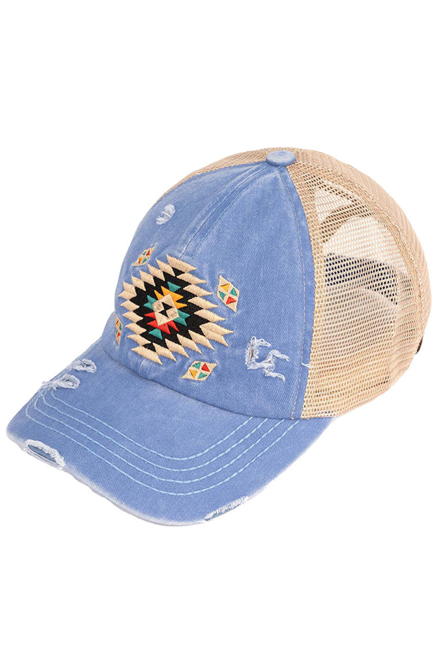 Blue Moon C.C AZTEC PATCH DISTRESSED PONY CAP is a stylish and versatile accessory that combines functionality with fashion. Made of high-quality materials, it features an eye-catching aztec patch design and a distressed finish for a trendy look. Stay protected from the sun and add a touch of personality to your outfit with this must-have cap.