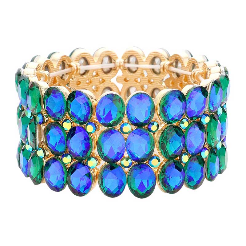 Blue Oval Stone Cluster Stretch Evening Bracelet, This beautiful bracelet features an elegant design with 14K rose gold plated accents and center stones for a stunning, eye-catching look. Enjoy the comfort of the elasticized fit and the glamour of special occasions. Perfect for your next formal event or evening out.
