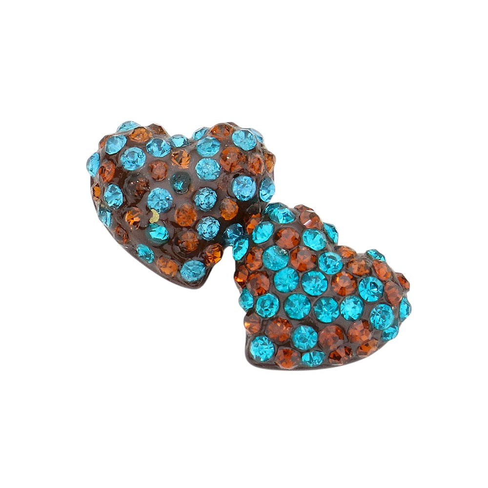 Crystal Pave Heart Stud Earrings - Blue Zircon Brown Smoked Topaz - Earrings