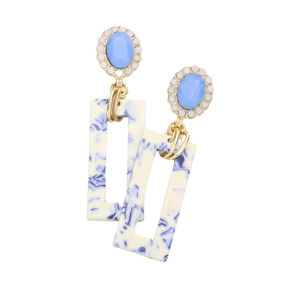 Tired of plain old earrings? Add some pizzazz to your look with these Blue Oval Stone Celluloid Acetate Open Rectangle Link Dangle Earrings! Embellished with rhinestones in open circles, these earrings are sure to sparkle. Perfect Birthday Gift, Anniversary Gift, Christmas Gift, Regalo Navidad, Regalo Cumpleanos
