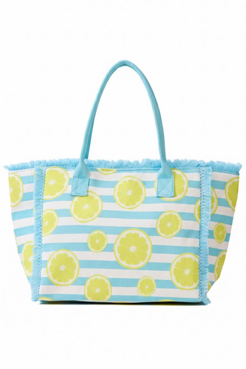 Blue Brighten your day with this cheerful lemon-printed medium tote bag. Featuring a playful stripe pattern and fringe detailing, it combines style with practicality. Crafted from durable 100% polyester, this spacious bag measures 14.5" x 11.5" x 7" and includes a secure zipper closure and convenient inner pocket for organized storage. Perfect for shopping, travel, or everyday use.