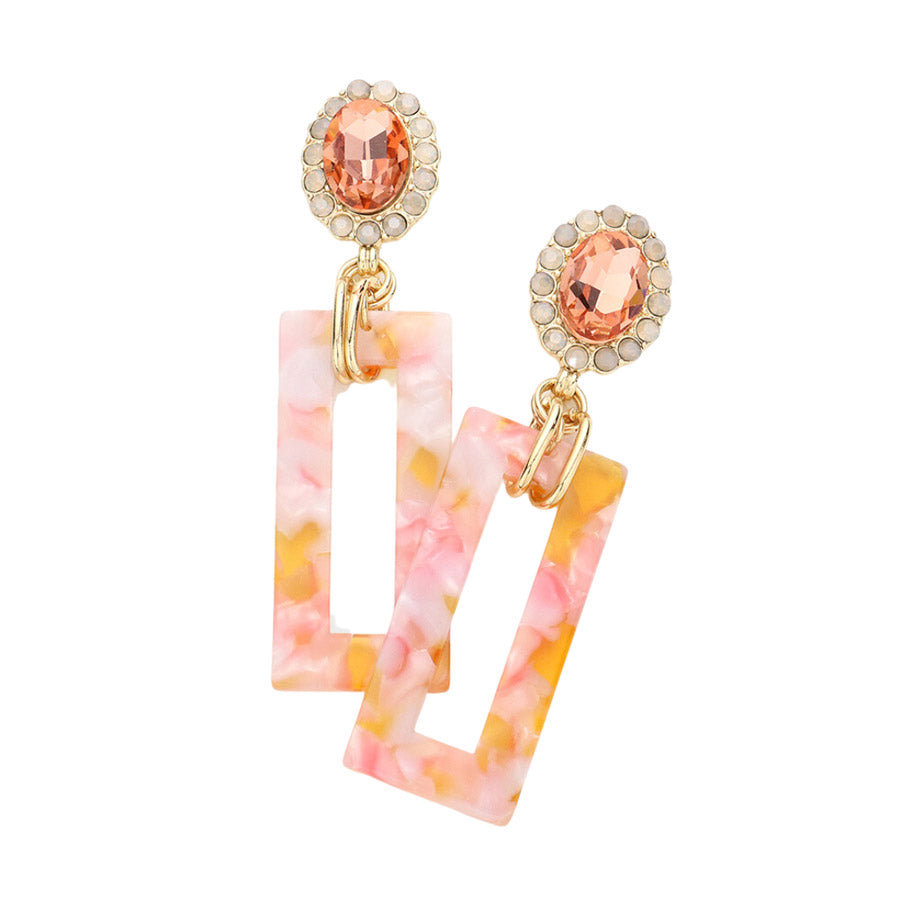 Tired of plain old earrings? Add some pizzazz to your look with these Blush Oval Stone Celluloid Acetate Open Rectangle Link Dangle Earrings! Embellished with rhinestones in open circles, these earrings are sure to sparkle. Perfect Birthday Gift, Anniversary Gift, Christmas Gift, Regalo Navidad, Regalo Cumpleanos
