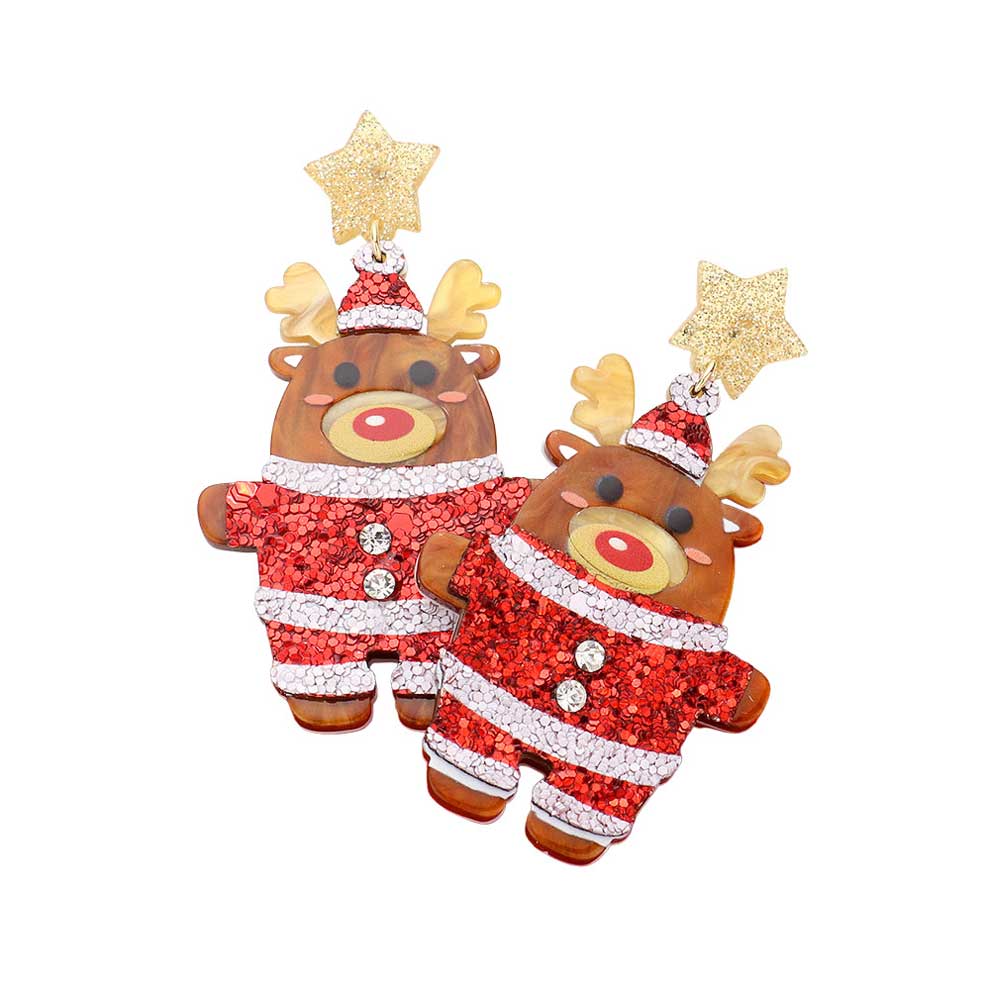 Brown Glittered Resin Star Santa Claus Rudolph Dangle Earrings, Revel in the holiday spirit with these fashionable Star Santa Claus Dangle Earrings. Perfect Gift for December Birthdays, Christmas, Stocking Stuffers, Secret Santa, or BFF, also nice for festive decorations gifts for your friends and family.