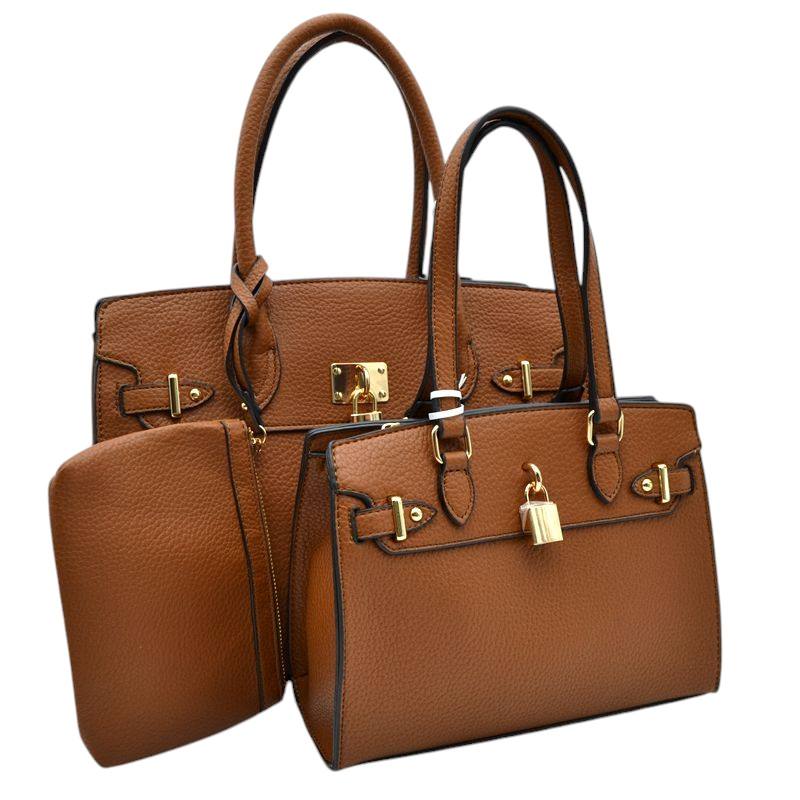 Brown-Padlock Accent 3 in 1 Twin Tote-Satchel Value Set includes a wallet for added convenience. With a stylish padlock accent, this set is perfect for everyday use and travel. Made with high-quality materials, it offers durability and functionality. Get both fashion and functionality with this value set.