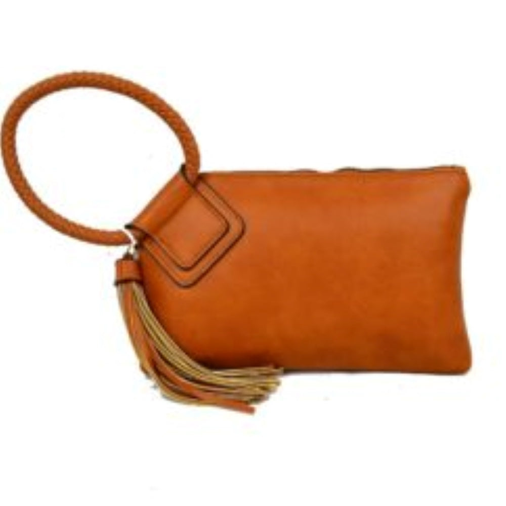 Brown This compact clutch features a clean, rectangular design with a textured surface, making it an elegant choice for everyday use. The main zippered storage compartment along the top edge keeps daily essentials securely enclosed. For carrying convenience, the piece is designed with a distinctive circular braided wrist strap attached to a stitched square accent panel. A long, hanging tassel ornament completes the look, adding a flowing decorative element to this practical handbag.