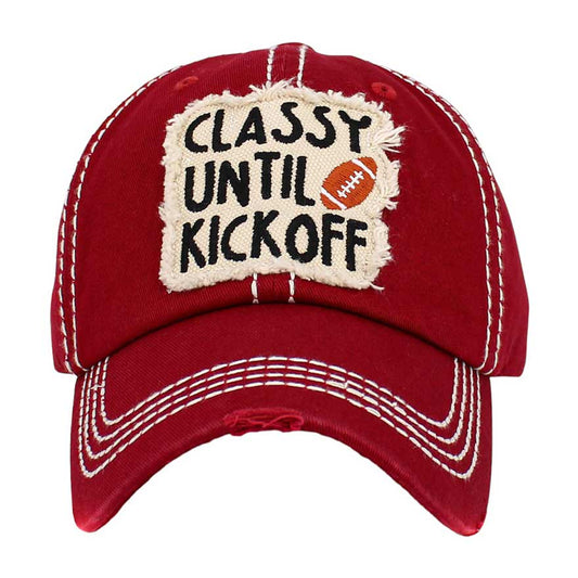 Burgundy Classy Until Kickoff Football Pointed Vintage Baseball Cap, helps shield sunlight, keeping your face from harmful ultraviolet rays and preventing sunburn in summer. This sports baseball cap can be used in any season. Perfect gifts for birthdays, anniversaries, holidays, Valentine’s Day, or any special occasion.