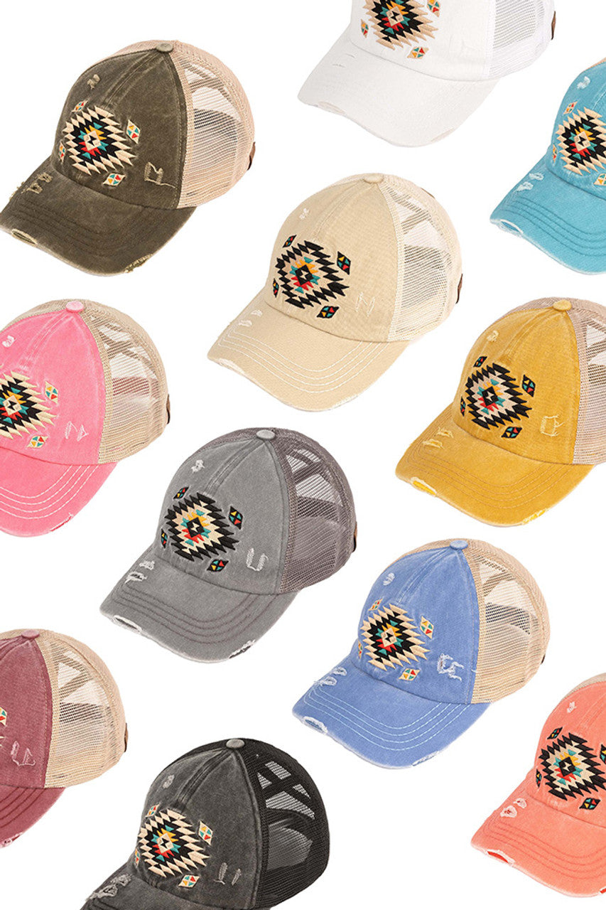 C.C AZTEC PATCH DISTRESSED PONY CAP is a stylish and versatile accessory that combines functionality with fashion. Made of high-quality materials, it features an eye-catching aztec patch design and a distressed finish for a trendy look. Stay protected from the sun and add a touch of personality to your outfit with this must-have cap.