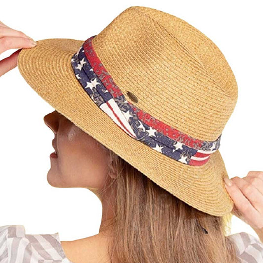 C.C Fedora With American Flag Printed Band Trim, large, comfortable, and perfect for keeping the sun off of your face, neck, and shoulders. No matter where you go on the beach or at summer parties it will keep you cool and comfortable.