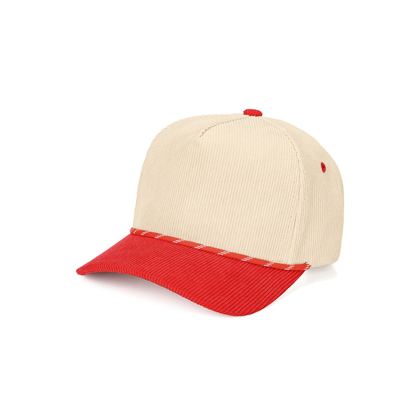 Red The C.C Two-Tone Rope on Two-Tone Corduroy Trucker Hat Baseball Cap showcases a textured corduroy front with a contrasting rope accent for a trendy, retro-inspired style. Finished with a breathable mesh back and adjustable snap closure, it offers lightweight comfort and an easy, customizable fit for everyday wear.