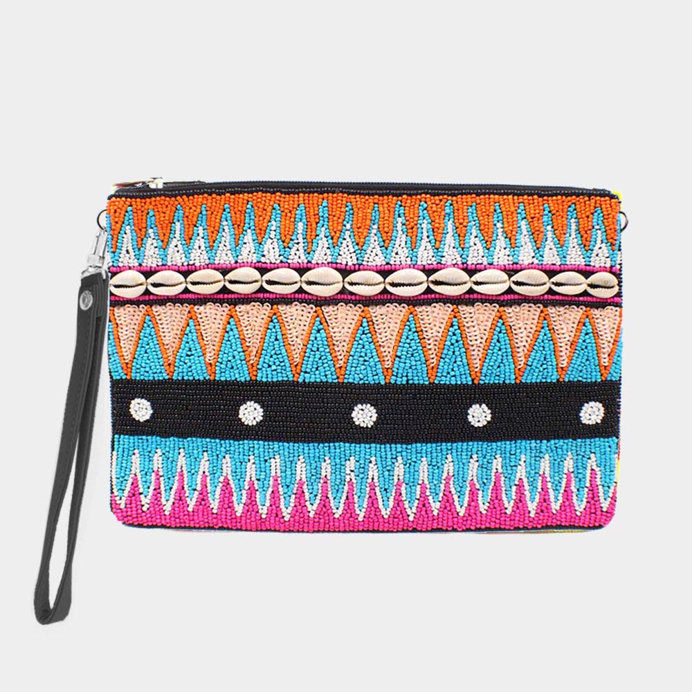 Madeline Love Multi Puka Shell Point Sequin Seed Beaded Wristlet Clutch Bag - Bags & Wallets