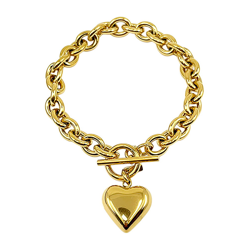Madeline Love Gold Stainless Steel Puffy Heart Charm Toggle Bracelet - Bracelets - desc
