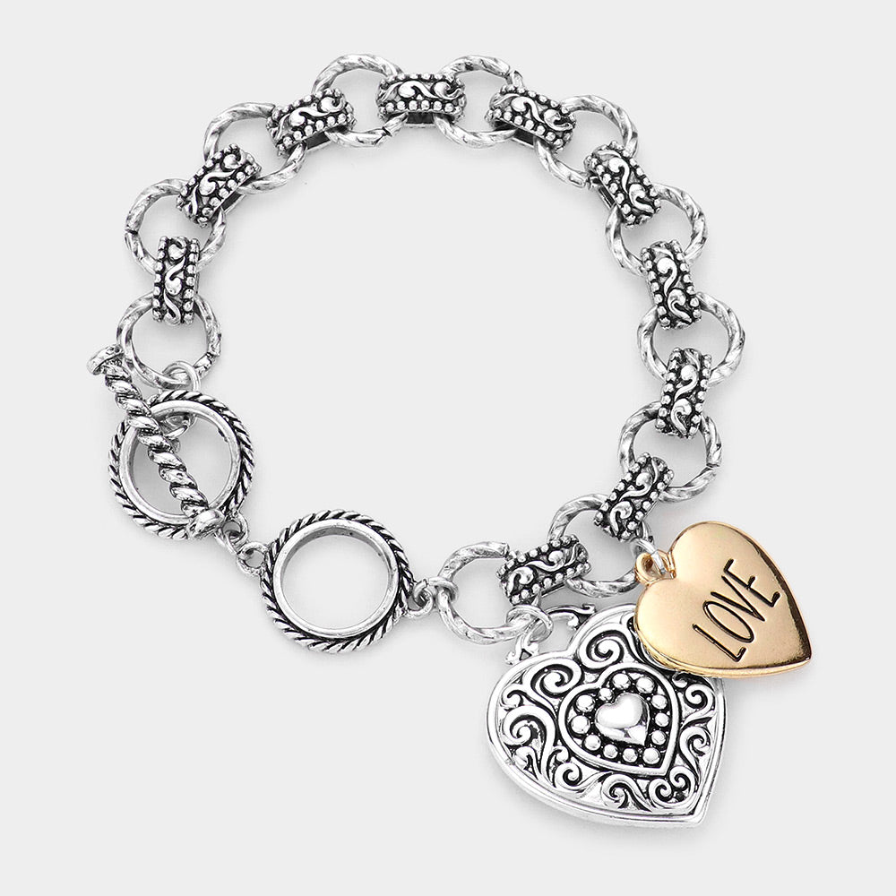 Antique Metal Heart Charm Toggle Bracelet - Two Tone - Bracelets