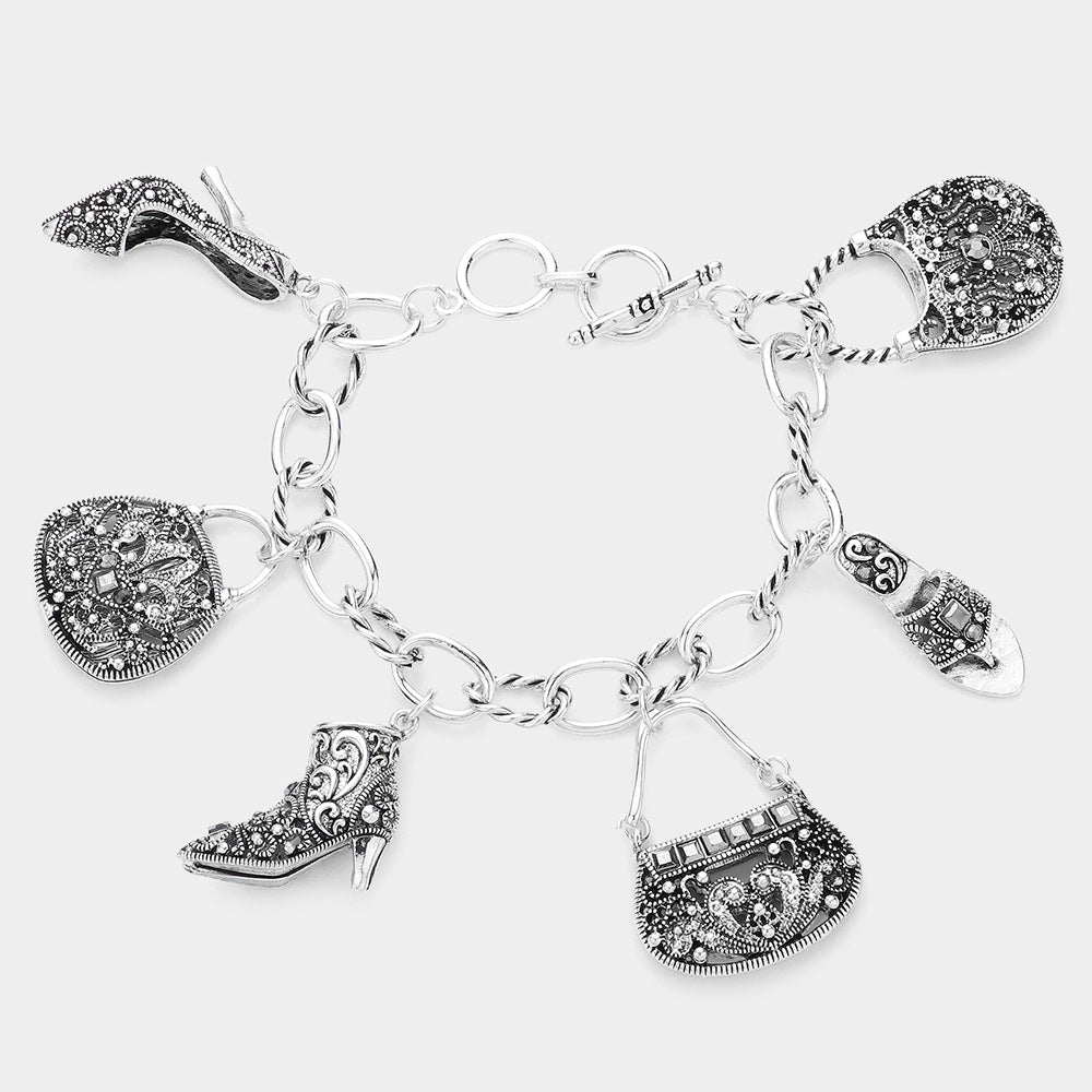 Madeline Love Antique Silver Metal Shoe & Bag Multi-Charm Toggle Bracelet - Bracelets