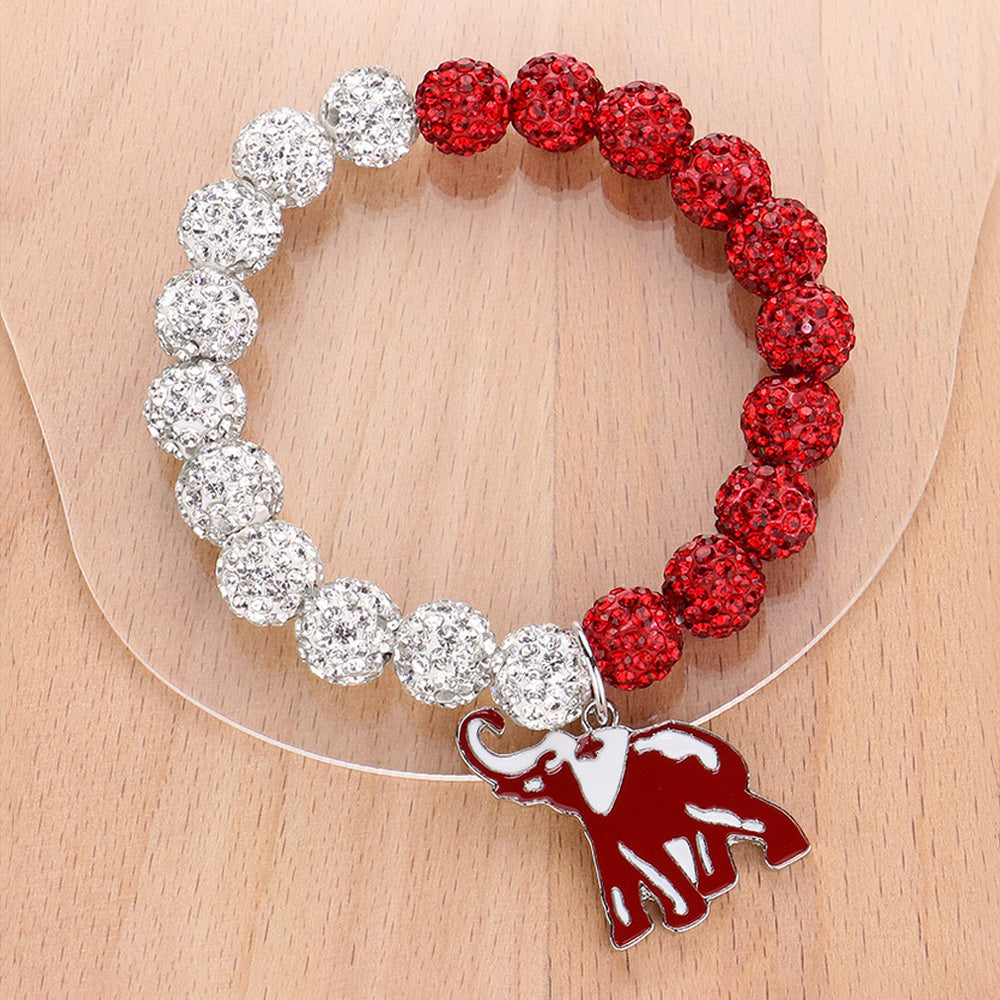 Madeline Love Red, White Elephant Charm Pointed Shamballa Ball Beaded Stretch Bracelet - Bracelets