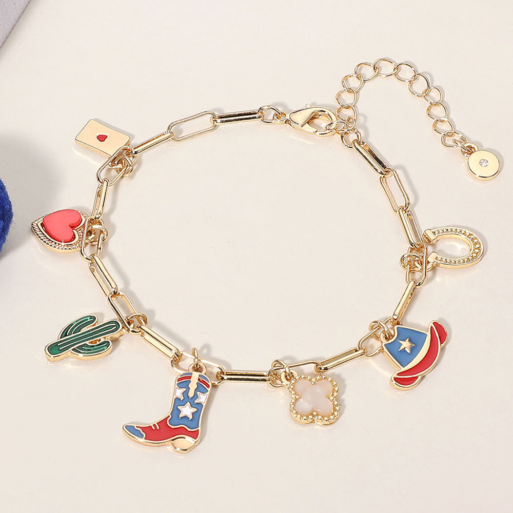 Madeline Love Blue, Gold Enamel American USA Flag Western Cowboy Boot Hat cactus Heart Horseshoe Quatrefoil Charm Station Bracelet - Bracelets