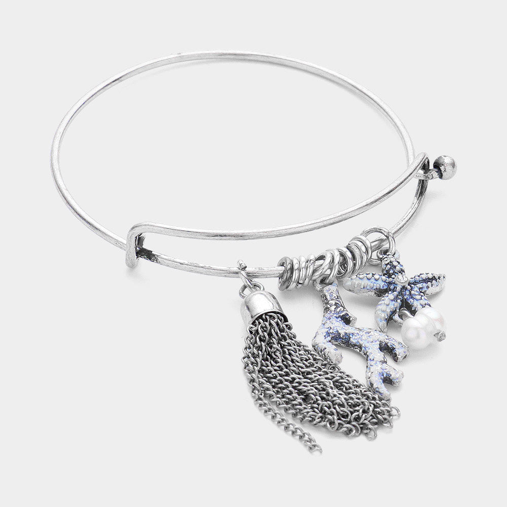 Silver Burnished, White Metal Chain Tassel & Starfish Pearl Coral Charm Hook Bracelet