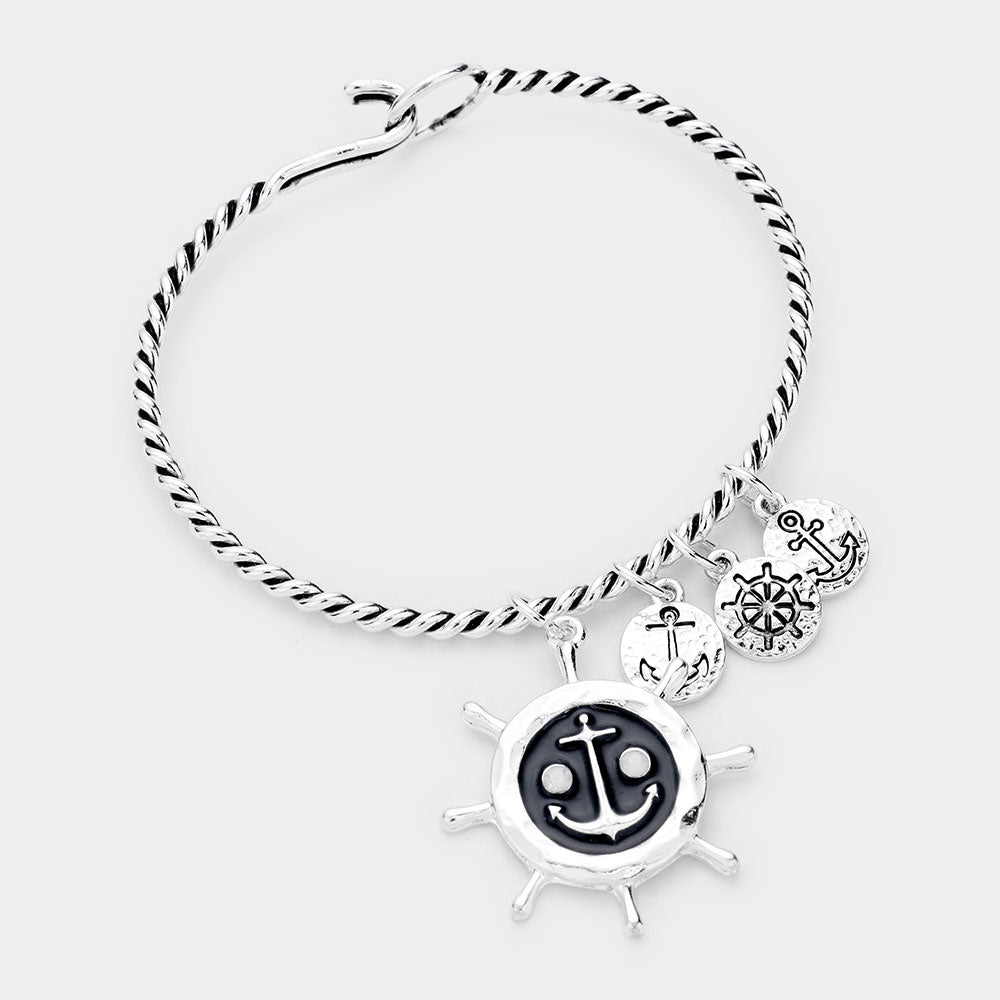 Antique Silver Anchor Ship Heel Charm Hook Bracelet