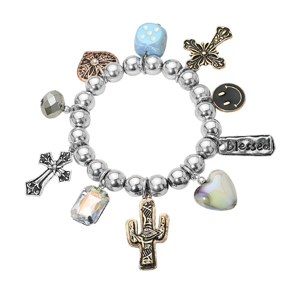 Madeline Love Three Tone Western Blessed Cactus Cowboy Boot Dice Cross Pearl Charm Beaded Stretch Bracelet - Bracelets - desc