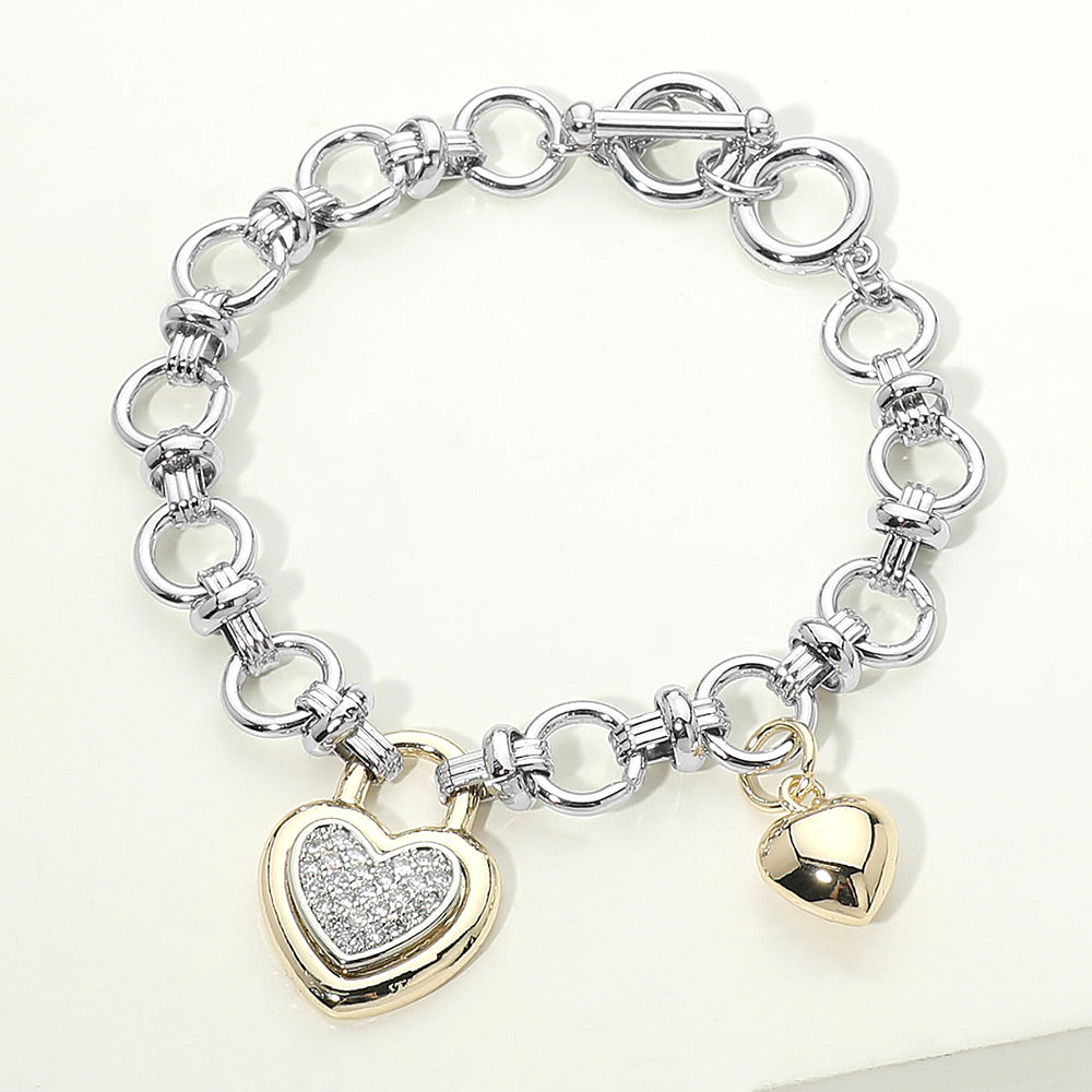 Madeline Love Two Tone 14K Gold Plated Two Tone CZ Pave Heart Charm Link Toggle Bracelet