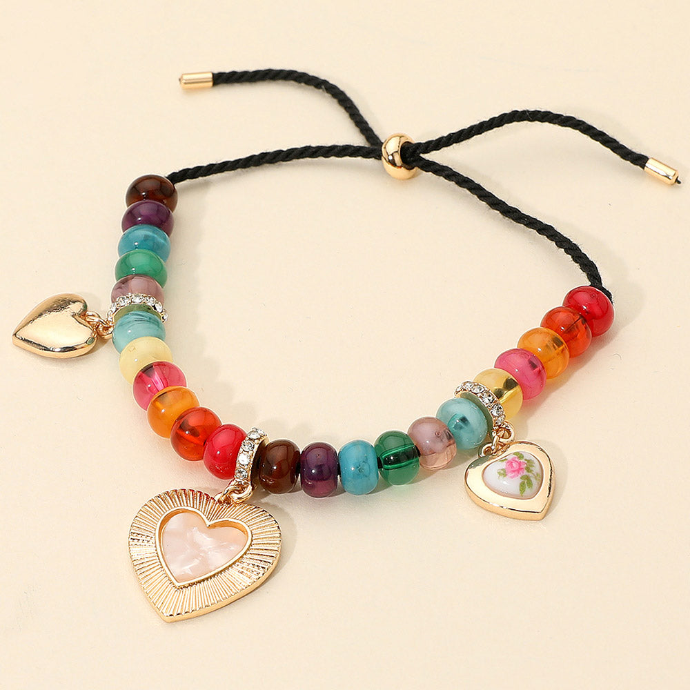 Madeline Love Gold, Multi Heart Charm Station Multicolor Beaded Adjustable Bracelet - Bracelets